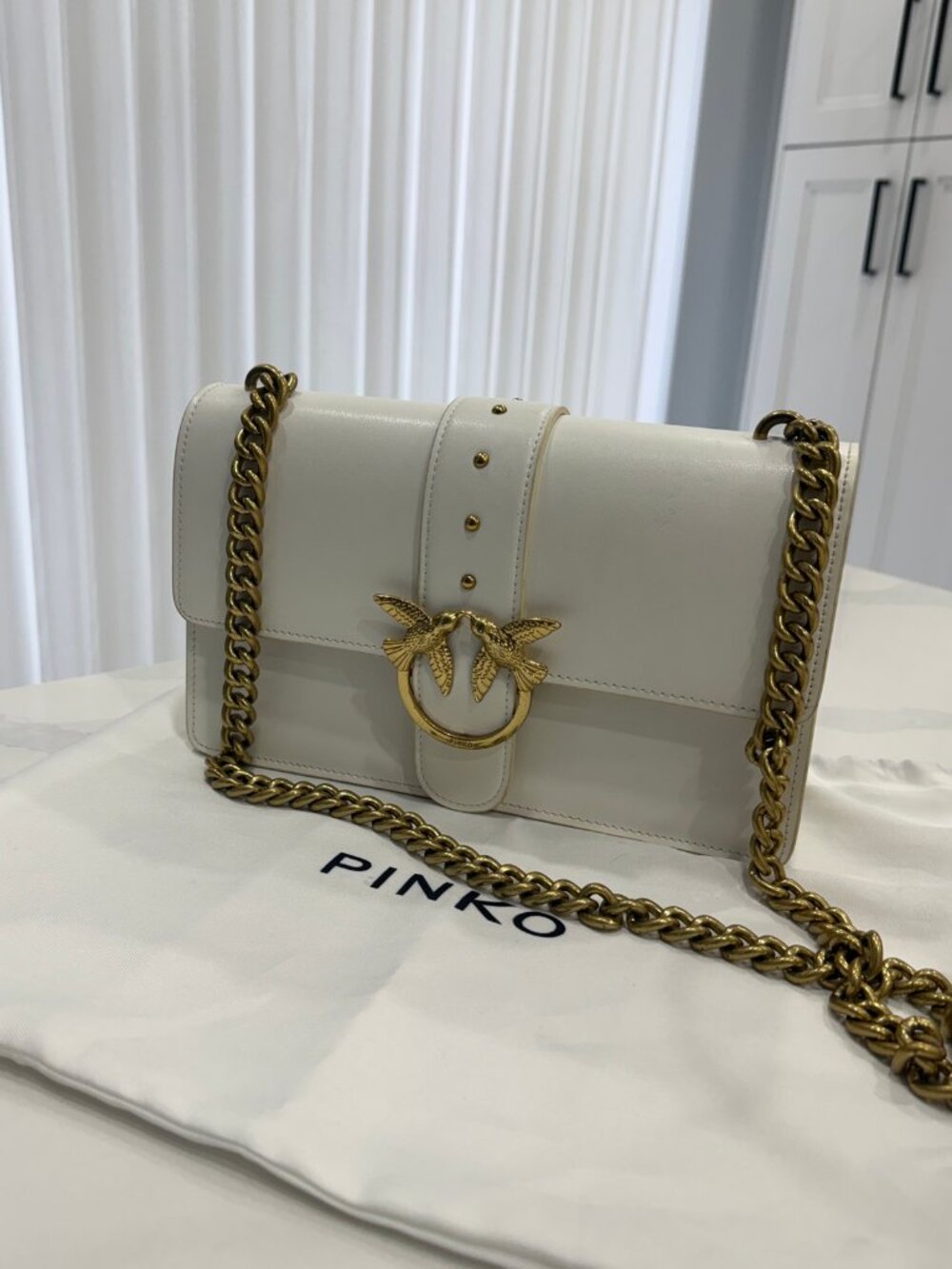 PINKO Love One Classic White Leather Shoulder Bag, Antique Gold Bird Clasp, Chai